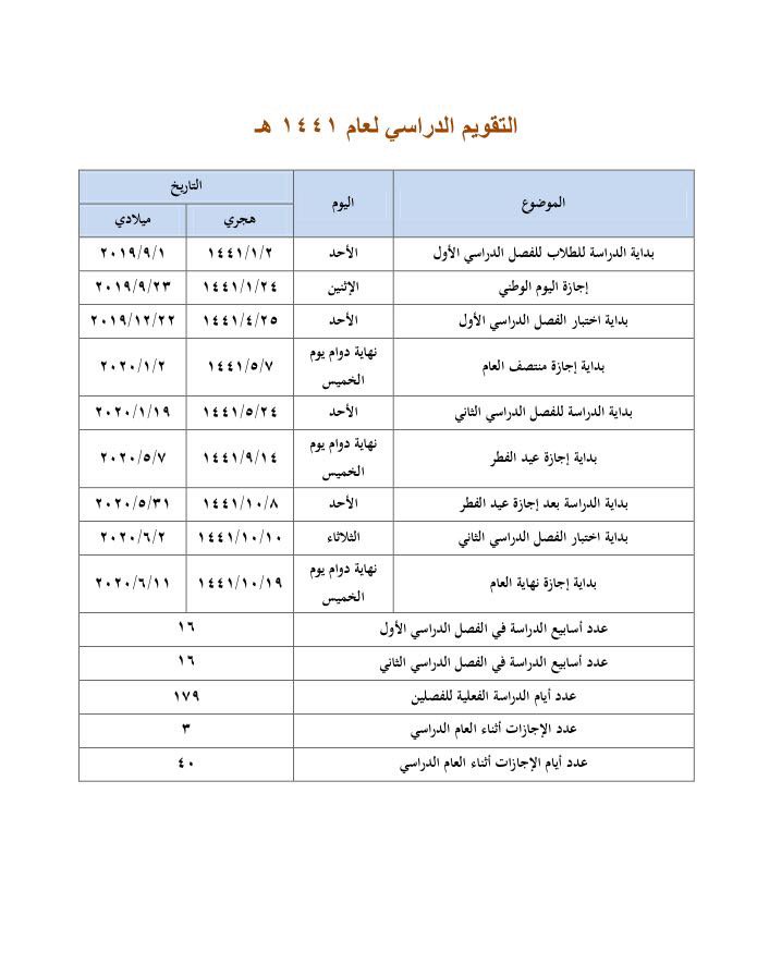 التقويم الدراسي للسنوات الخمس المقبلة