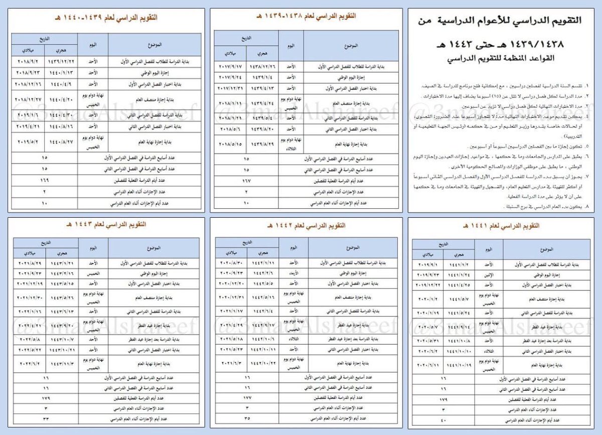 التقويم الدراسي للسنوات الخمس المقبلة